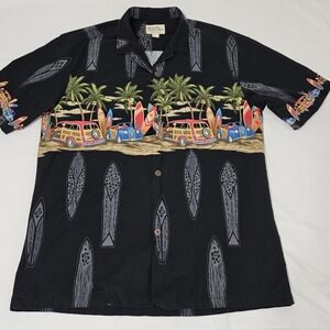 Royal Hawaiian Creations Black Surfboard & Palm Button-up Shirt Men's Large